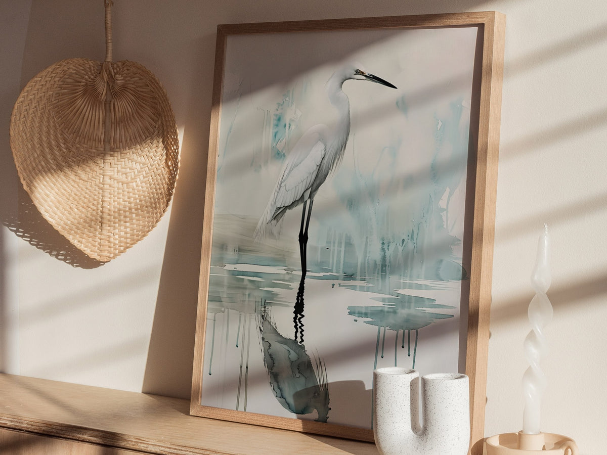 Wading Bird Poster | Sage and Cream Japanese Watercolor Art Print | Minimalist Wall Art — styled in an interior