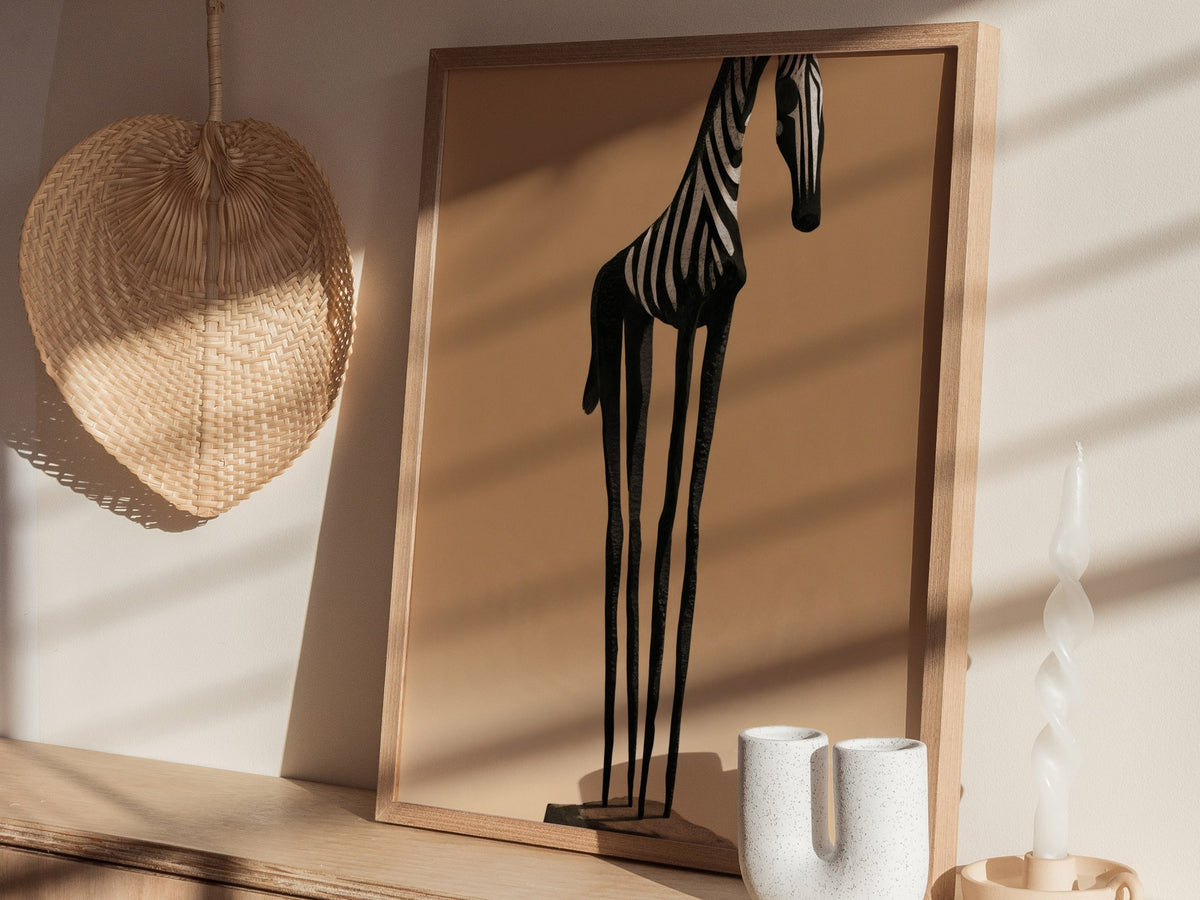 Iron Zebra Stands Poster | Black and Tan Illustrative Art Print | Minimalist Wall Art — styled in an interior