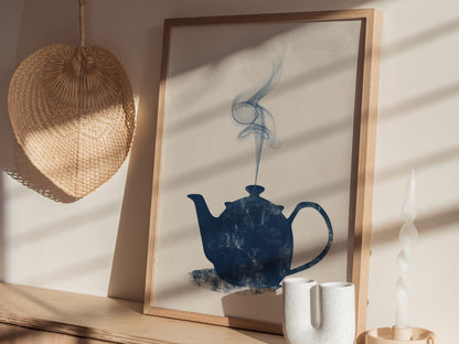 Kettle Steam Poster | Navy and Cream Minimalism Art Print | Kitchen Wall Art — styled in an interior