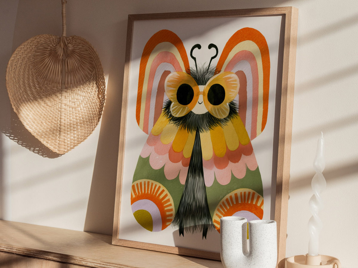 Moth Owns Rainbows Poster | Orange and Pink Illustrative Art Print | Kids Room Wall Art — styled in an interior