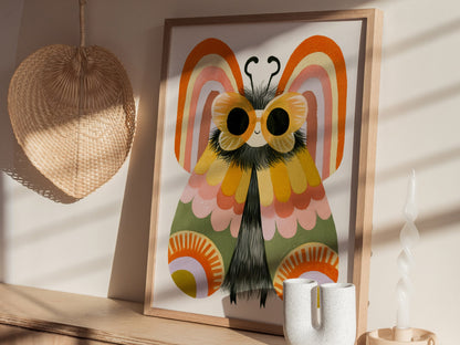 Moth Owns Rainbows Poster | Orange and Pink Illustrative Art Print | Kids Room Wall Art — styled in an interior