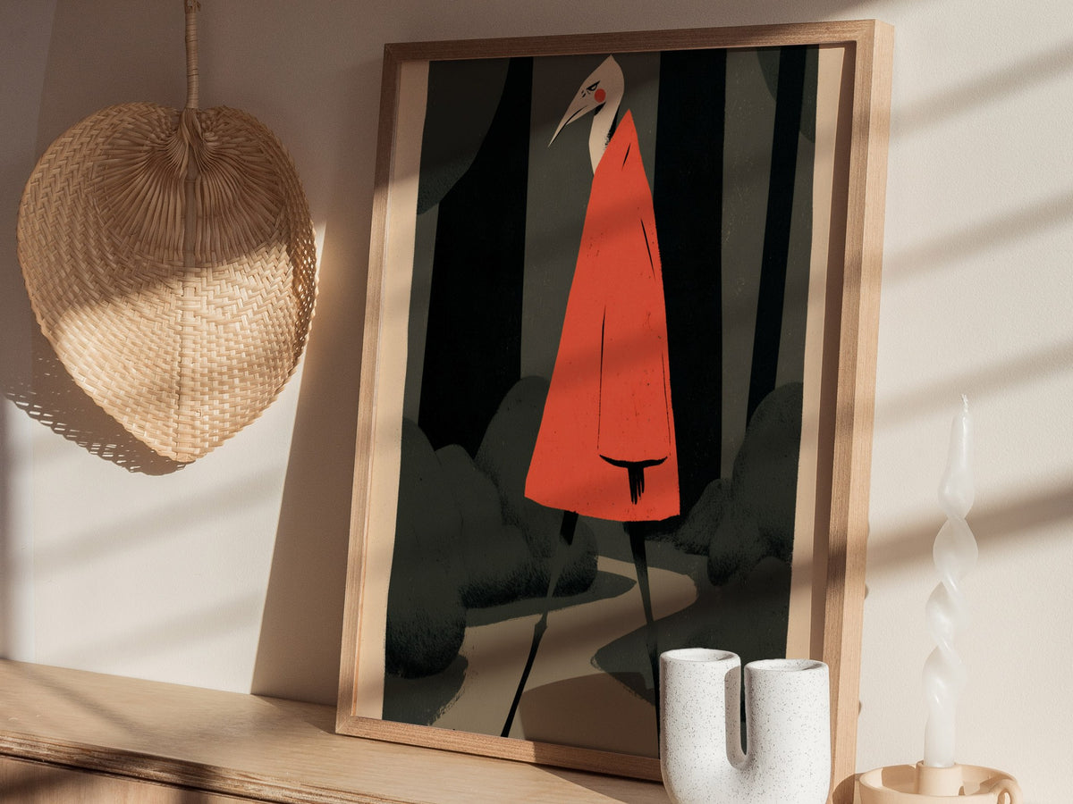 Heron Walks Alone Poster | Coral and Forest Illustrative Art Print | Surreal Wall Art — styled in an interior