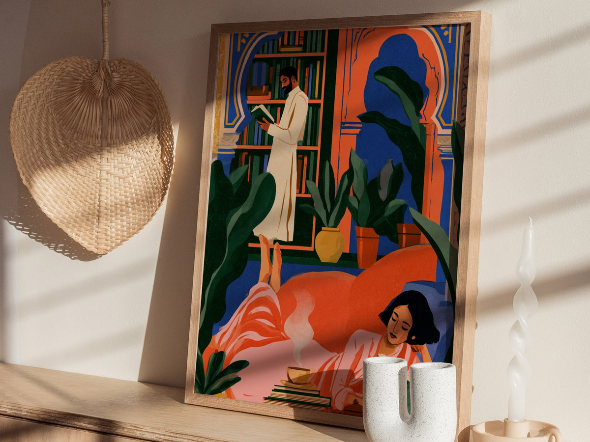 Library Readers Poster | Orange and Blue Illustrative Art Print | Literary Wall Art — styled in an interior