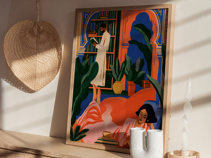 Library Readers Poster | Orange and Blue Illustrative Art Print | Literary Wall Art — styled in an interior