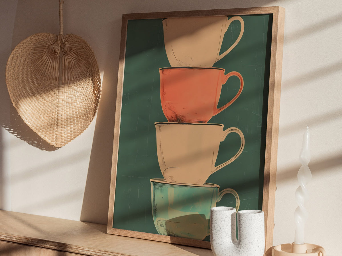 Stacked Teacups Poster | Coral and Teal Screen Print Art Print | Kitchen Wall Art — styled in an interior