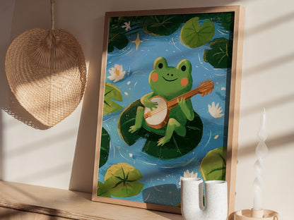 Frog Plays Banjo Poster | Lime and Teal Cute Art Print | Kids Room Wall Art — styled in an interior