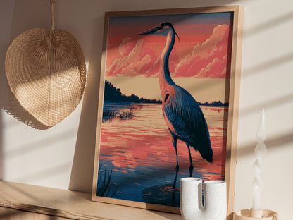 Heron Walks Dusk Poster | Coral and Slate Pixel Art Print | Retro Gaming Wall Art — styled in an interior
