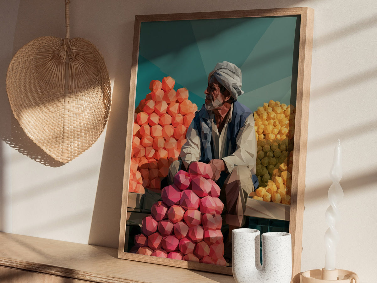 Fruit Seller Waits Poster | Navy and Hot Low Poly Art Print | Kitchen Wall Art — styled in an interior