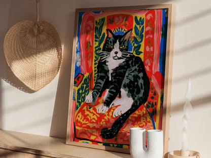 Cat Claims Chair Poster | Cobalt and Red Matisse Style Art Print | Cat Lover Wall Art — styled in an interior