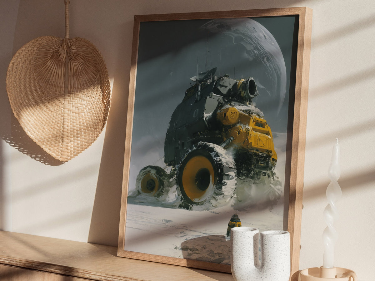 Rover Dwarfs Explorer Poster | Gray and Yellow Oil Painting Art Print | Sci-Fi Wall Art — styled in an interior