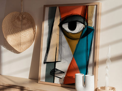 Fractured Gaze Poster | Teal and Burnt Illustrative Art Print | Modern Art Collectors Wall Art — styled in an interior