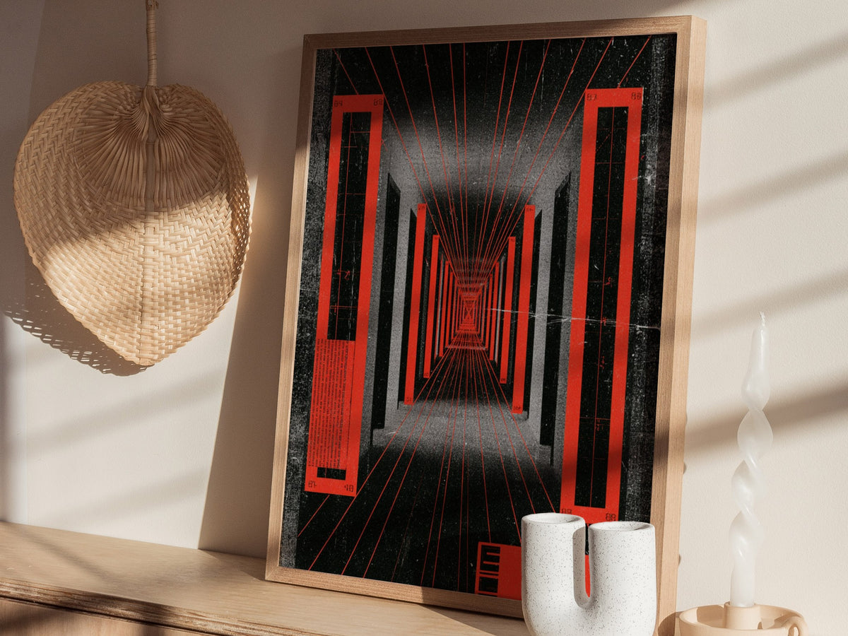 Corridor Radiates Red Poster | Red and Black Screen Print Art Print | Brutalist Wall Art — styled in an interior