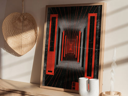 Corridor Radiates Red Poster | Red and Black Screen Print Art Print | Brutalist Wall Art — styled in an interior