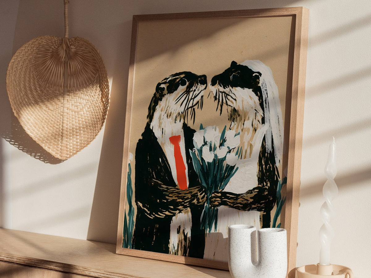 Otter Wedding Poster | Kraft and Green Illustrative Art Print | Wedding Gift Wall Art — styled in an interior