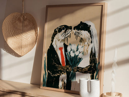 Otter Wedding Poster | Kraft and Green Illustrative Art Print | Wedding Gift Wall Art — styled in an interior