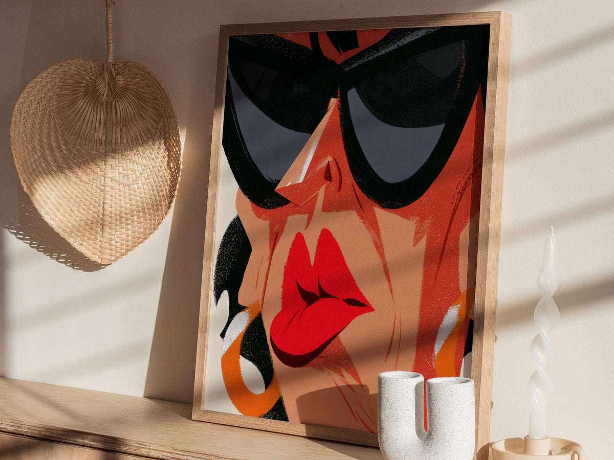 Diva Hides Eyes Poster | Coral and Black Illustrative Art Print | Pop Art Wall Art — styled in an interior