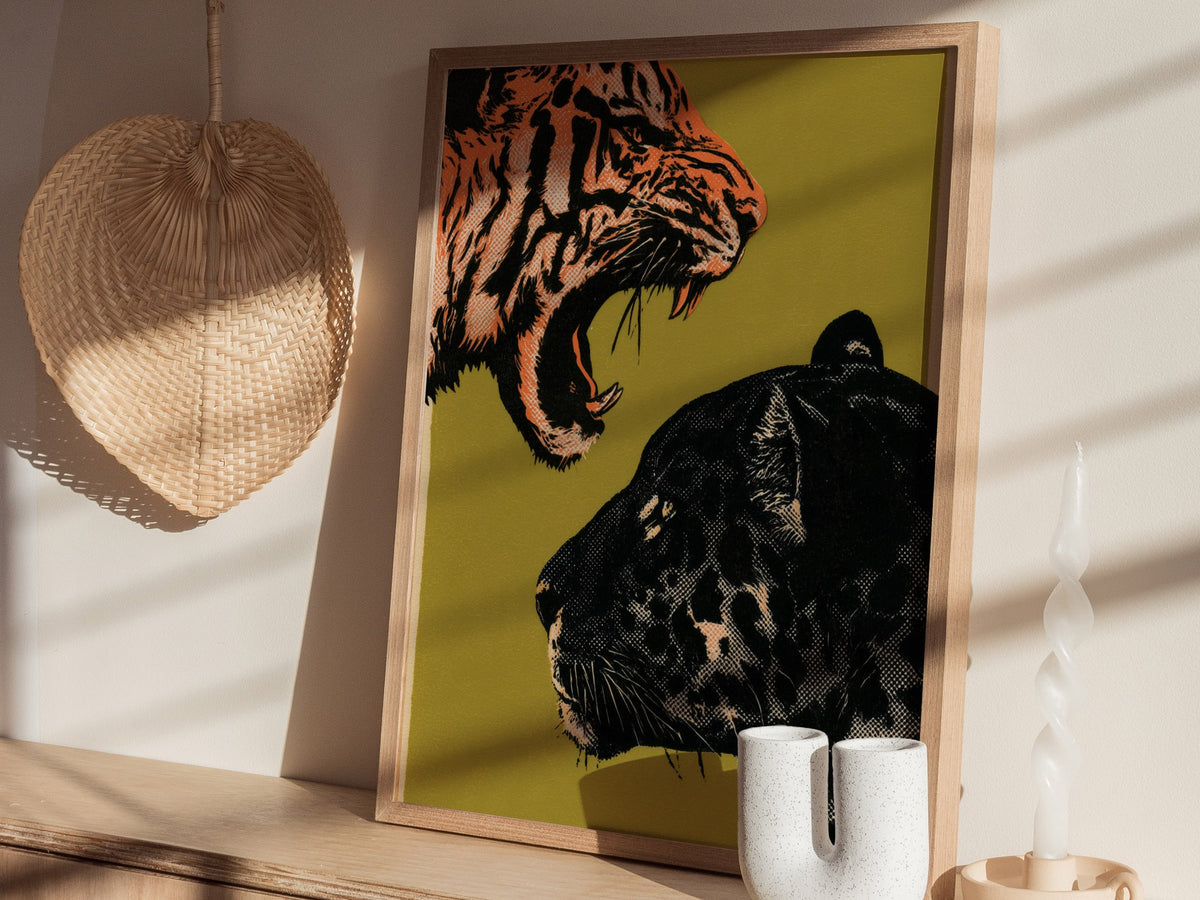 Tiger Taunts Panther Poster | Chartreuse and Black Screen Print Art Print | Graphic Design Wall Art — styled in an interior