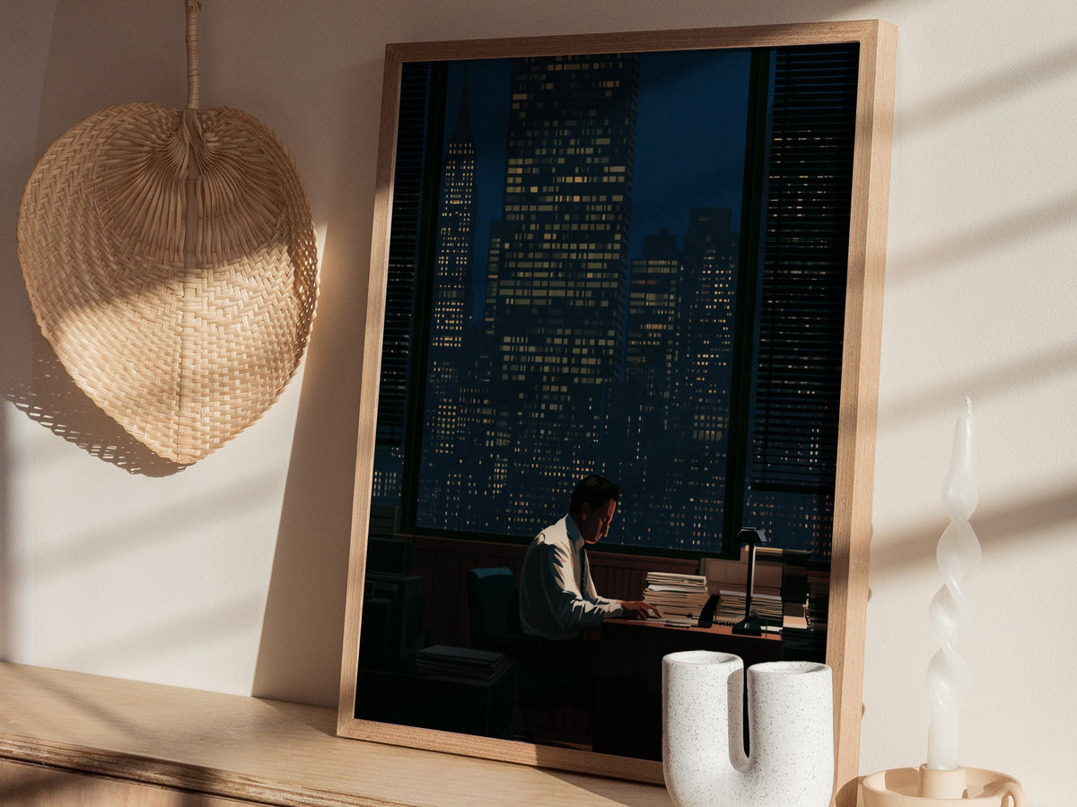 Salesman Works Late Poster | Deep Blue Illustrative Art Print | Office Wall Art — styled in an interior