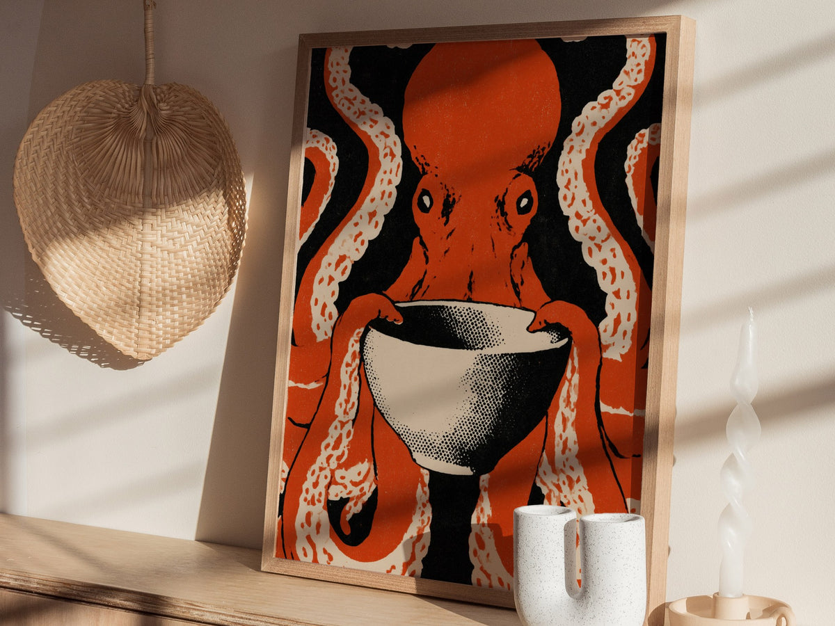 Breakfast Octopus Poster | Cream and Rust Screen Print Art Print | Kitchen Wall Art — styled in an interior