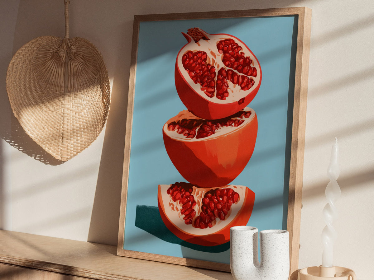 Pomegranate Towers Poster | Navy and Hot Illustrative Art Print | Kitchen Wall Art — styled in an interior