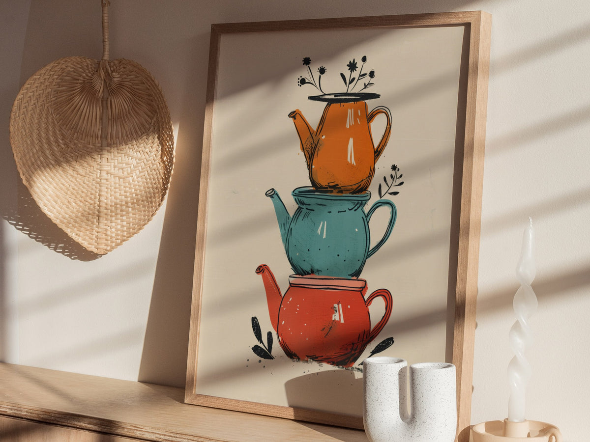 Stacked Teapots Poster | Coral and Teal Illustrative Art Print | Kitchen Wall Art — styled in an interior