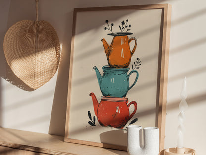 Stacked Teapots Poster | Coral and Teal Illustrative Art Print | Kitchen Wall Art — styled in an interior