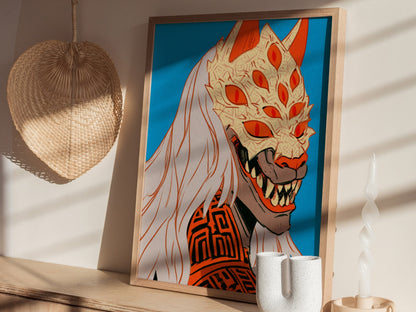 Fox Mask Grin Poster | Orange and Blue Illustrative Art Print | Dark Fantasy Wall Art — styled in an interior