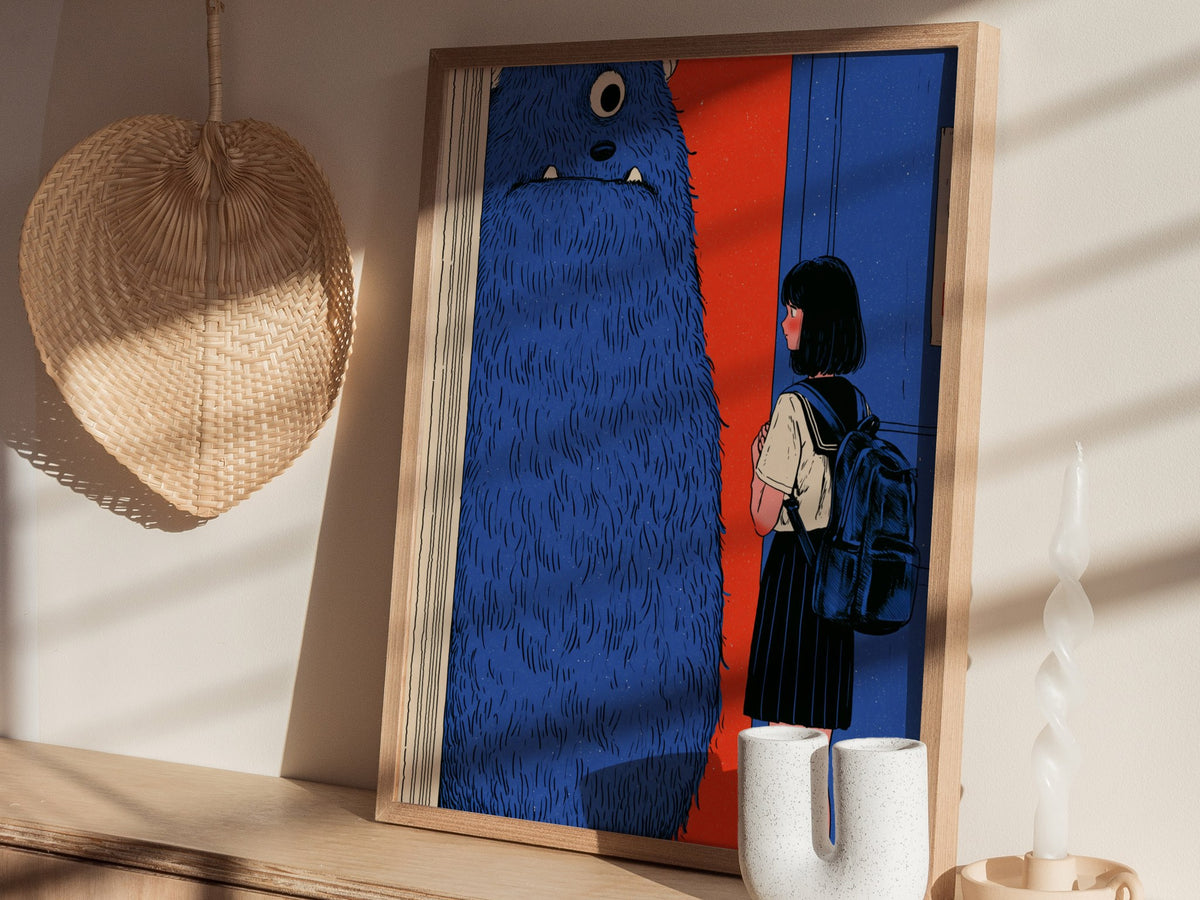 Monster Watches Class Poster | Blue and Orange Illustrative Art Print | Kids Room Wall Art — styled in an interior