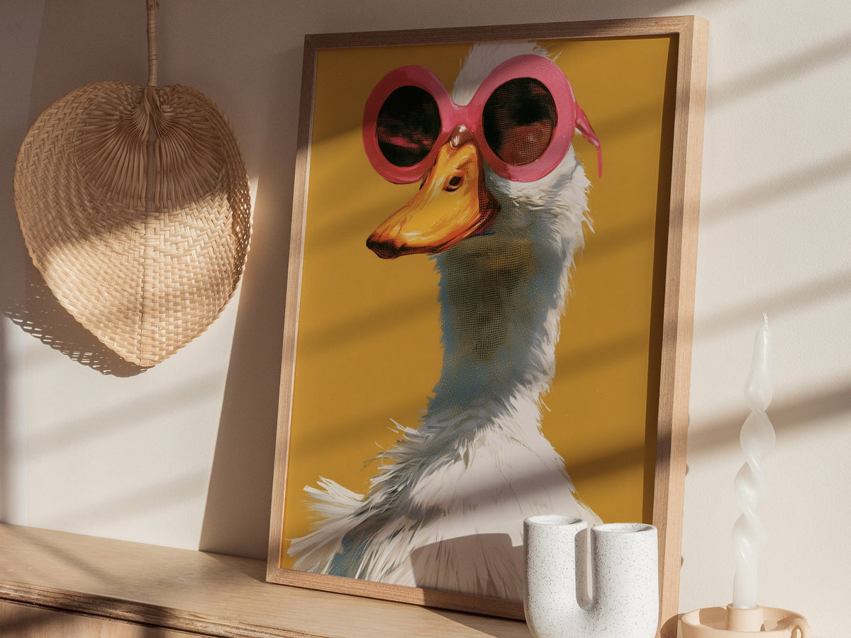 Duck in Pink Shades Poster | Mustard and Pink Screen Print Art Print | Playful Modern Wall Art — styled in an interior