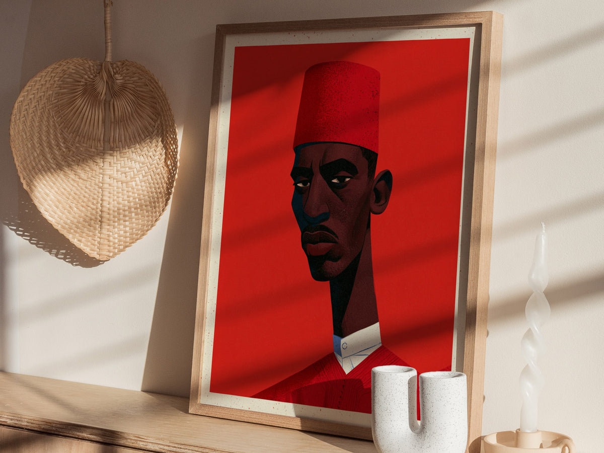 Man Wears Fez Poster | Red and Teal Illustrative Art Print | Retro Portrait Wall Art — styled in an interior