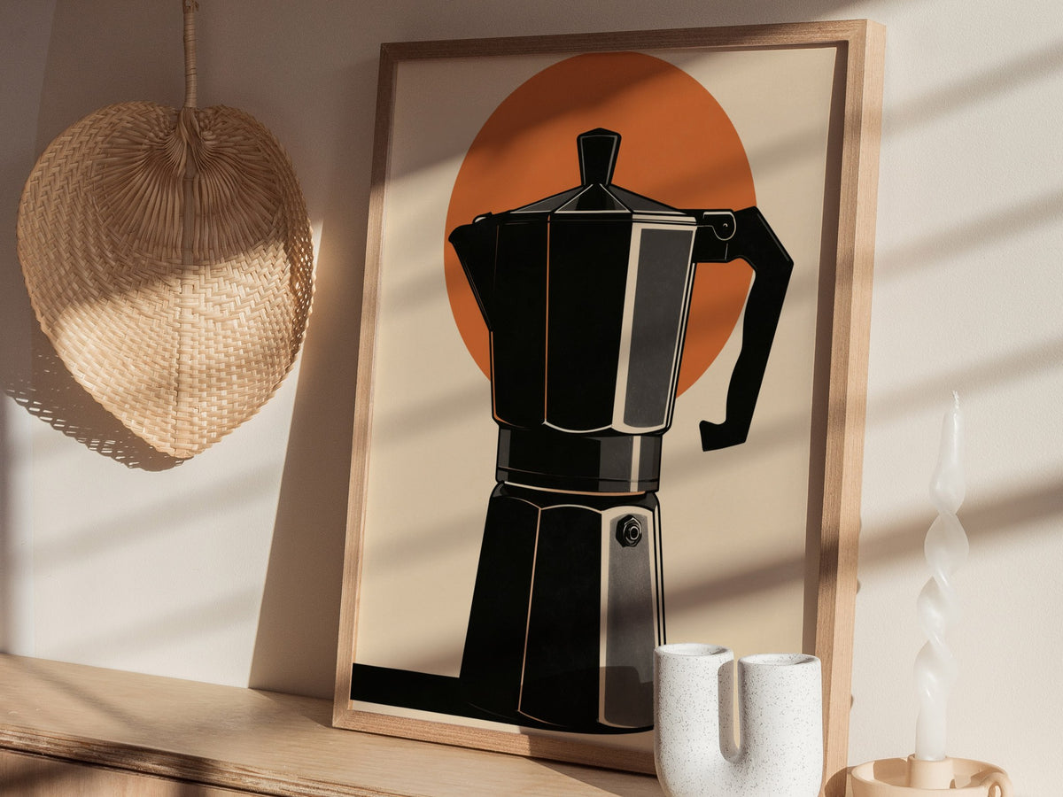Espresso Machine Icon Poster | Burnt Orange Minimalism Art Print | Kitchen Wall Art — styled in an interior