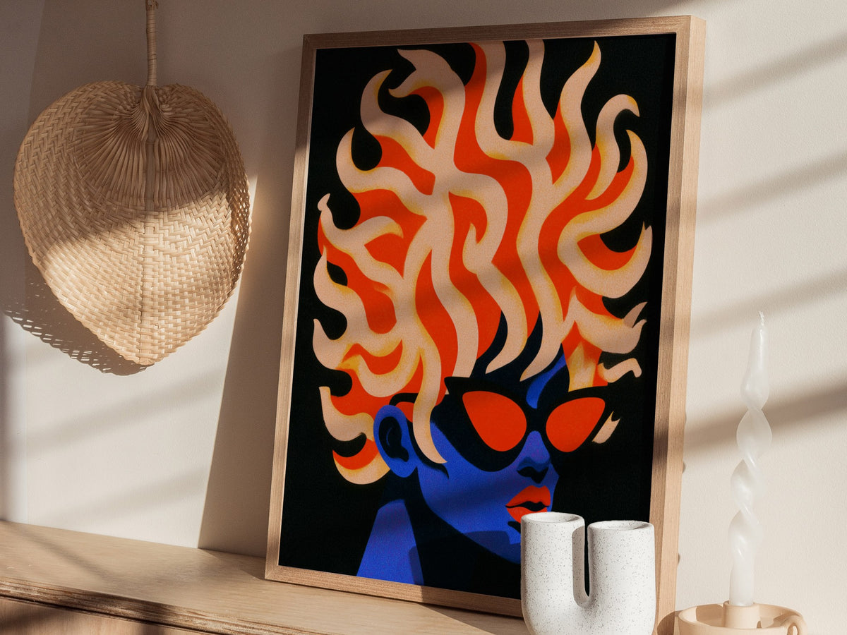 Modern Medusa Poster | Blue and Orange Illustrative Art Print — styled in an interior