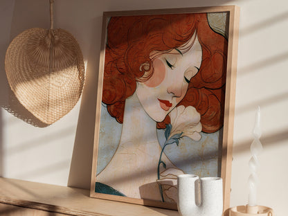 Woman Holds Flower Poster | Coral and Cream Illustrative Art Print | Art Deco Wall Art — styled in an interior
