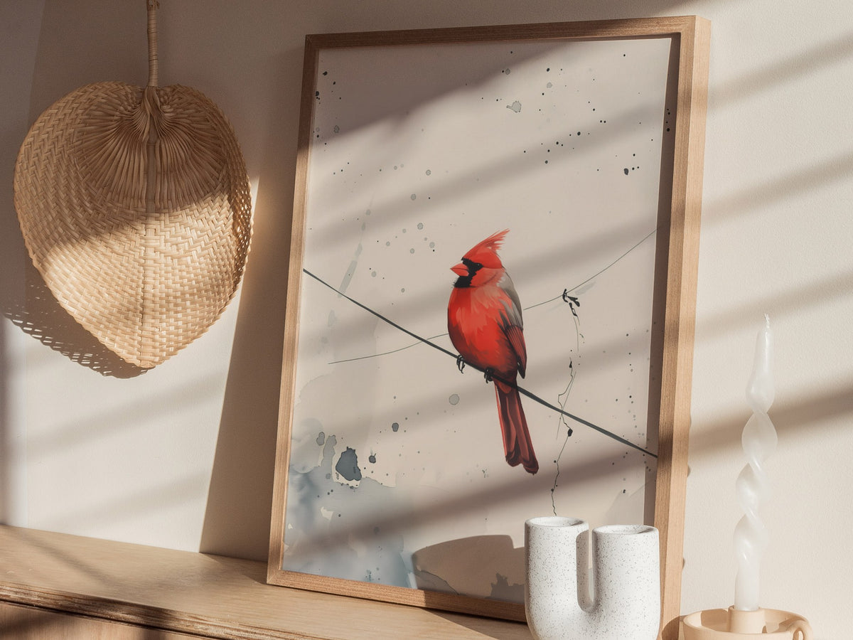 Cardinal on Wire Poster | Crimson and Grey Japanese Watercolor Art Print | Minimalist Wall Art — styled in an interior
