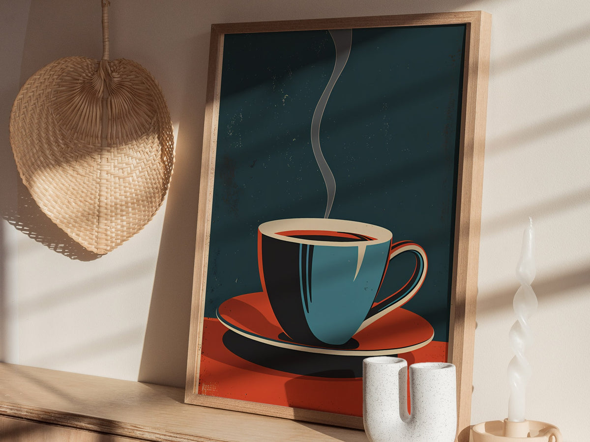 Cup and Saucer Poster | Cobalt and Coral Flat Design Art Print | Kitchen Wall Art — styled in an interior