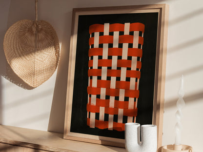 Woven Basket Icon Poster | Burnt Orange Screen Print Art Print | Kitchen Wall Art — styled in an interior