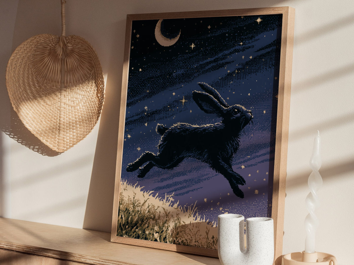 Hare Carries Night Poster | Indigo and Gold Pixel Art Print | Retro Gaming Wall Art — styled in an interior