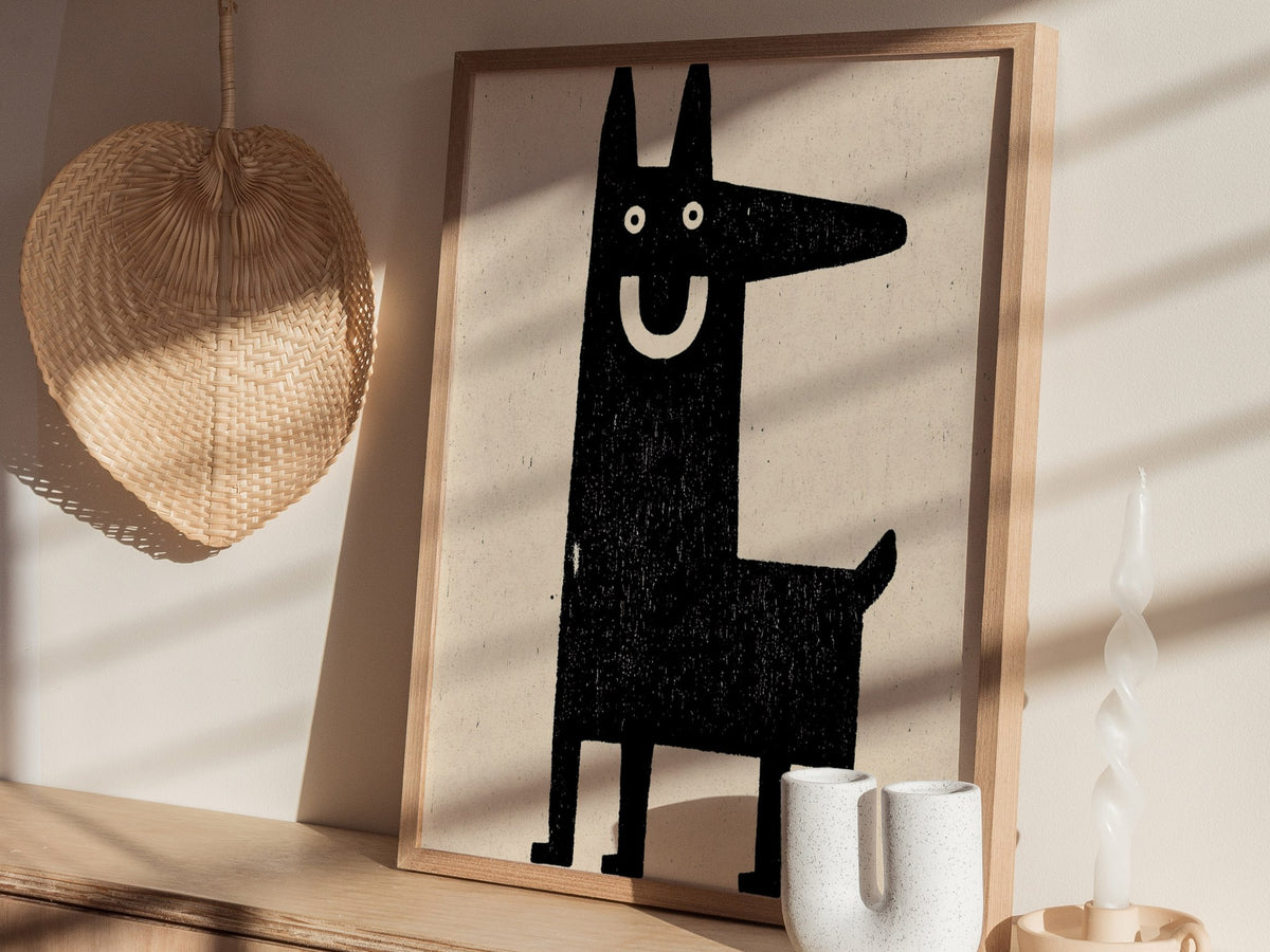 Grinning Dog Poster | Black and Cream Screen Print Art Print | Folk Art Wall Art — styled in an interior
