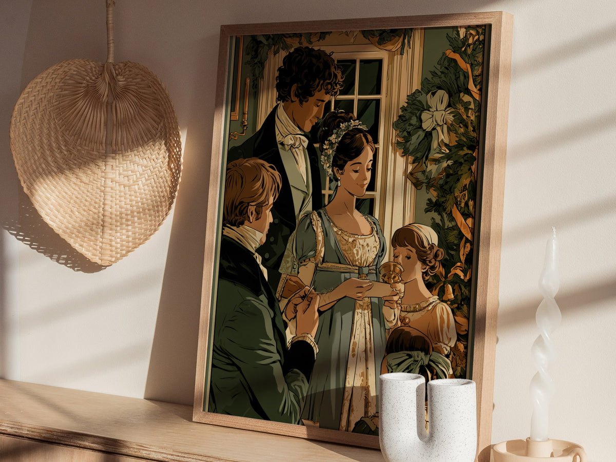 Regency Christmas Exchange Poster | Forest and Coral Illustrative Art Print | Regency Wall Art — styled in an interior