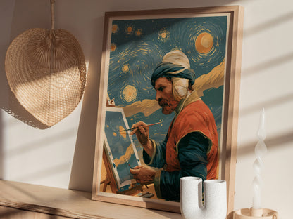 Van Gogh Paints Stars Poster | Teal and Amber Illustrative Art Print | Art History Wall Art — styled in an interior