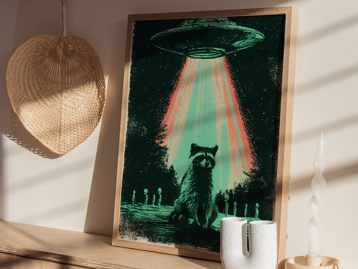 Raccoon Rules Stars Poster | Teal and Black Screen Print Art Print | Science Fiction Wall Art — styled in an interior