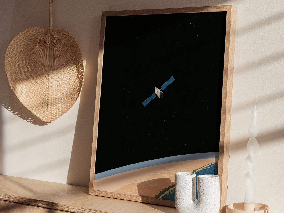 Satellite Keeps Watch Poster | Blue and Tan Illustrative Art Print | Space Enthusiast Wall Art — styled in an interior