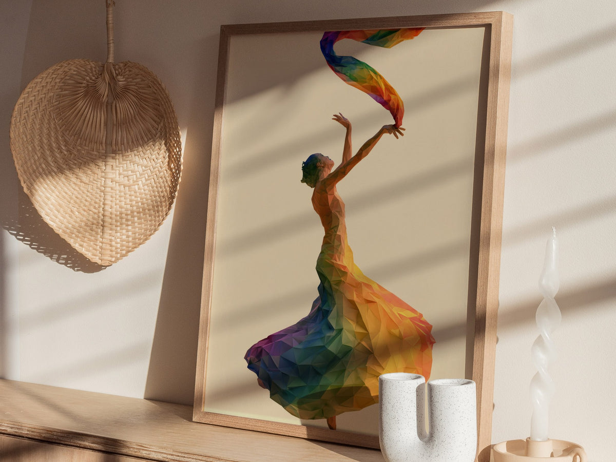 Dancer Unfurls Rainbow Poster | Rainbow Jewel Tones Low Poly Art Print | Modern Minimalist Wall Art — styled in an interior