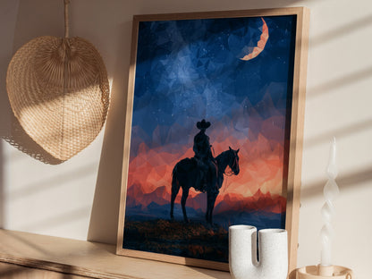 Cowboy Owns Night Poster | Deep Blue Low Poly Art Print | Western Modern Wall Art — styled in an interior