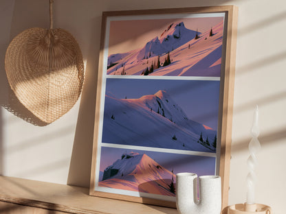 Mountain Waits Dusk Poster | Peach and Lavender Illustrative Art Print | Alpine Minimalist Wall Art — styled in an interior