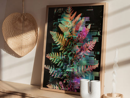 Glitch Fern Poster | Cyan and Magenta Abstract Art Print | Digital Art Wall Art — styled in an interior