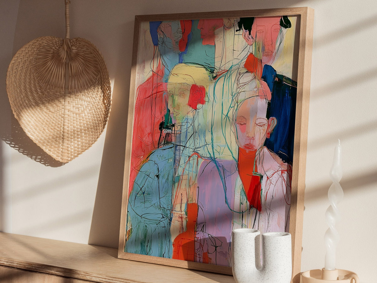 Seven Women Stand Poster | Coral and Pink Illustrative Art Print | Feminist Art Wall Art — styled in an interior