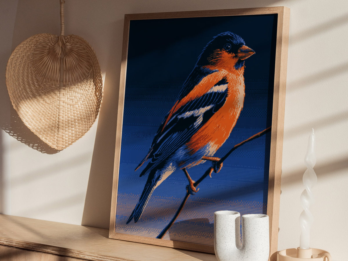 Bullfinch Burning Blue Poster | Navy and Orange Pixel Art Print | Retro Gaming Wall Art — styled in an interior