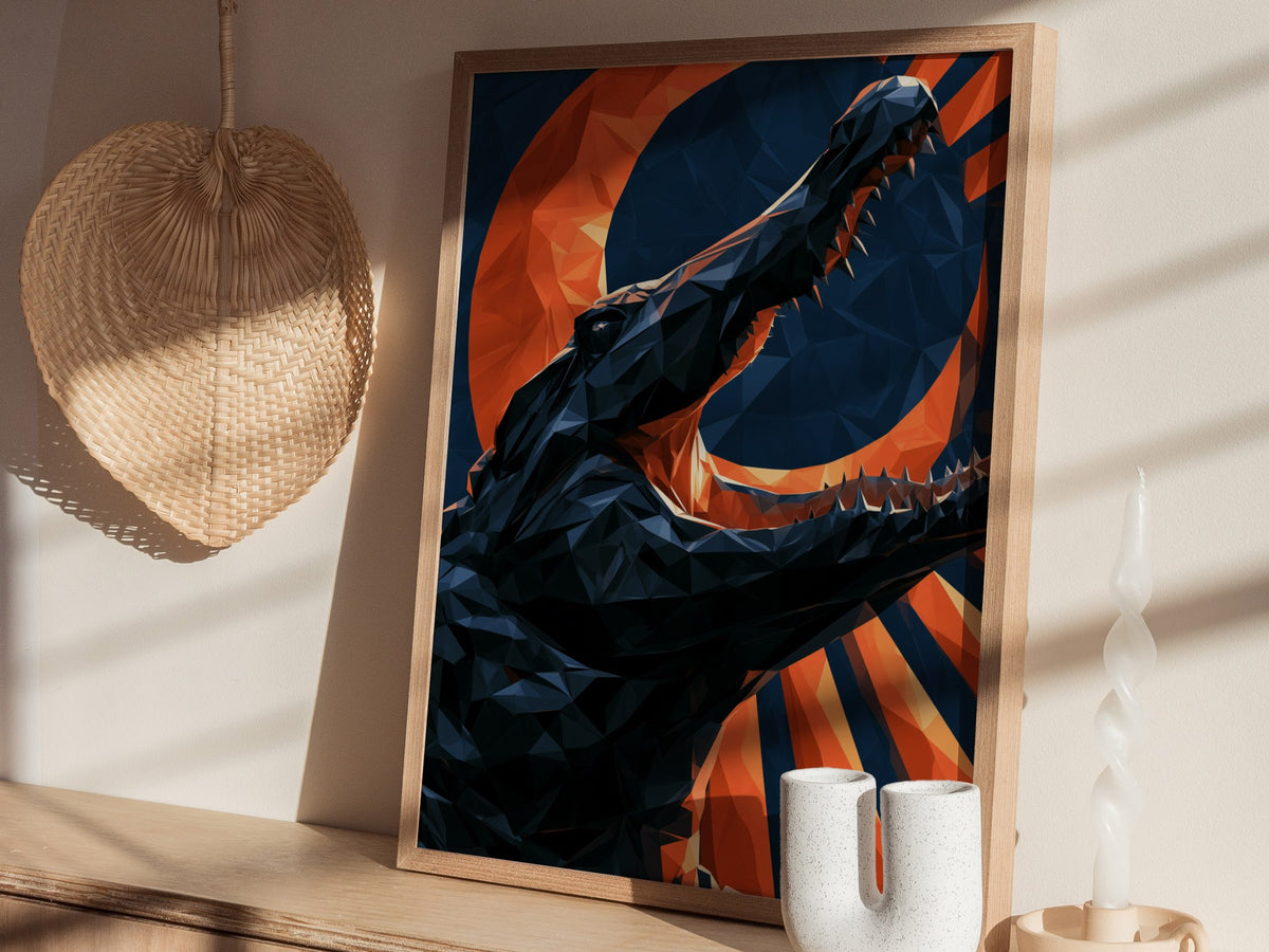 Gator Owns Crescent Poster | Orange and Navy Low Poly Art Print | Dark Fantasy Wall Art — styled in an interior