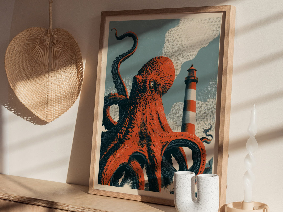 Octopus Finds Paradise Poster | Pink and Blue Screen Print Art Print | Retro Futurism Wall Art — styled in an interior